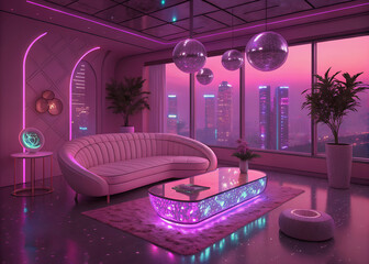 Futuristic Pink Living Room with Holographic Coffee Table & Neon City View