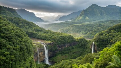 Lush tropical valley with cascading waterfalls and dense green vegetation under a dramatic, cloudy sky