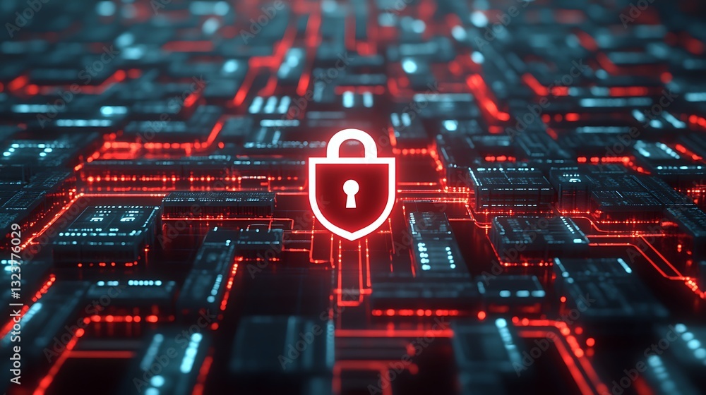 Poster vibrant digital background with lock symbol representing cybersecurity and data protection concepts