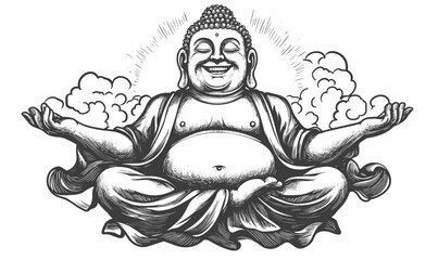 Happy buddha in meditation with clouds - linear flat icons set, vector.