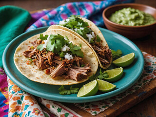 A vibrant plate of Mexican Carnitas Tacos filled with slow-cooked, crispy pork carnitas