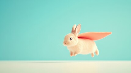 Cute rabbit with pink wings flying in the air against a pastel blue background, symbolizing dreams, freedom, and playfulness in a whimsical setting.