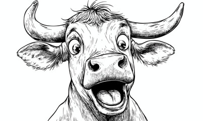 Expressive cow with open mouth in black and white vector, linear style, animal icons set.