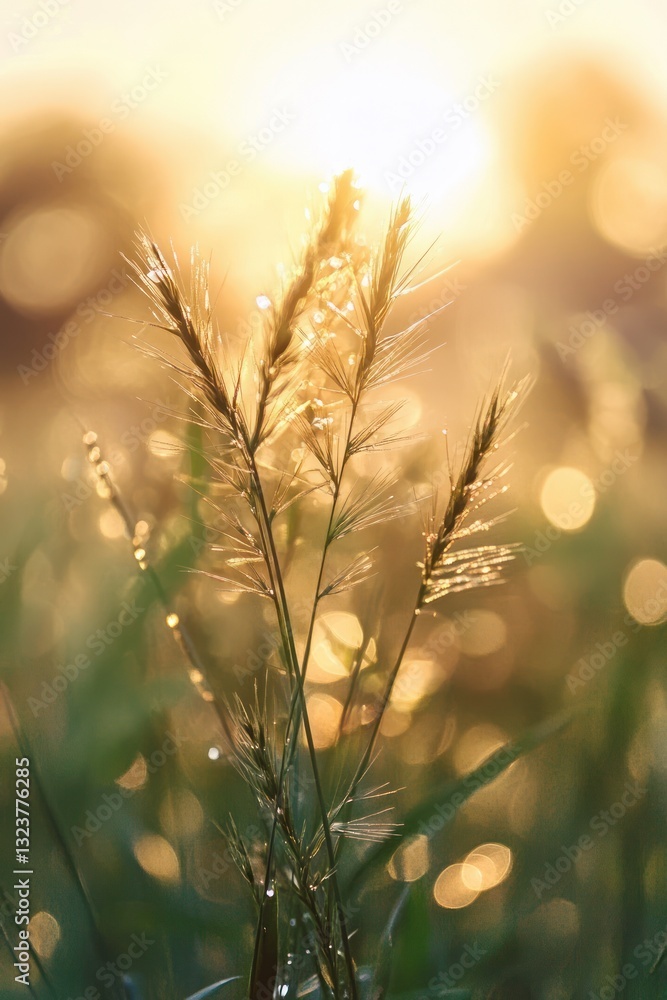Poster serene grass close-up in dreamy field at golden hour with soft focus and bokeh effect