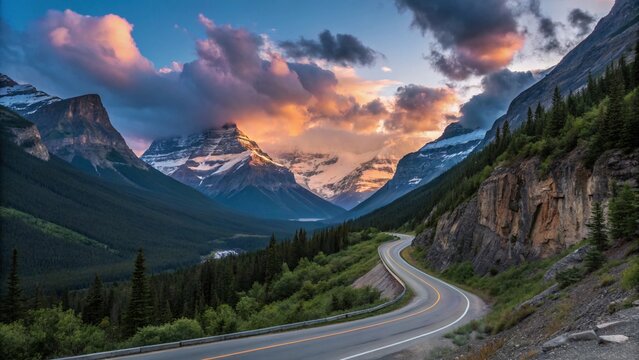 Dramatic mountain pass with a serpentine road cutting through lush green slopes and towering peaks, under a stormy sky - Powered by Adobe