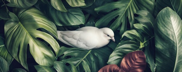 A white bird sits nestled among green and brown leaves