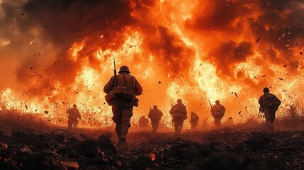 World War II Soldiers Advancing in Battle with Intense Explosions and Dramatic Lighting