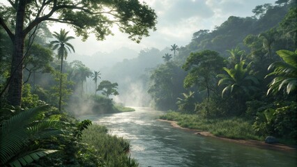 Tropical rainforest landscape with a river winding through lush jungle vegetation.  Exotic nature scene featuring a river flowing through dense rainforest greenery under a bright sky, ideal for travel