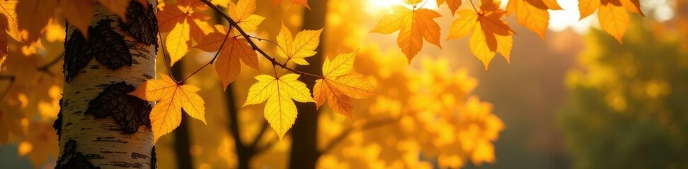 Golden yellow birch leaves glowing in sunlight, color, birch, autumn