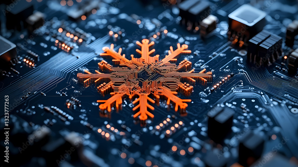 Poster snowflake circuit pattern with glowing lights