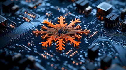 Snowflake circuit pattern with glowing lights