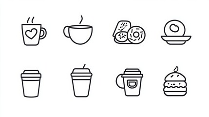A Delightful Spread: A collection of illustrated icons showcases a tasty assortment of coffees, pastries, and a delightful burger. A visual feast for food enthusiasts and designers alike.