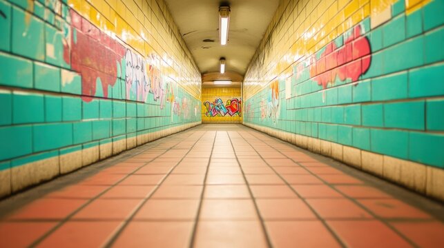 Colorful urban tunnel with artistic graffiti and vibrant tiles creating an inviting atmosphere for exploration and creativity in a city setting