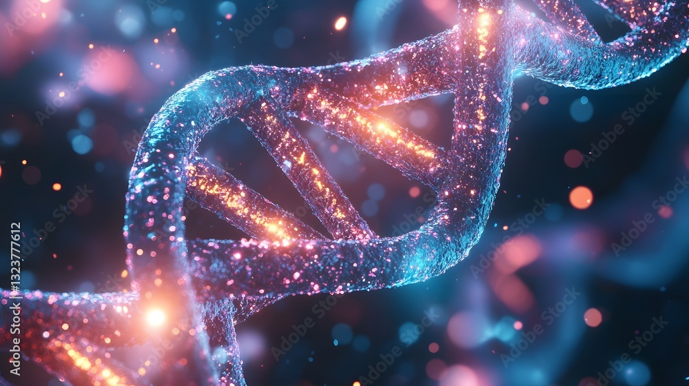 Poster glowing depiction of a dna double helix structure with particles