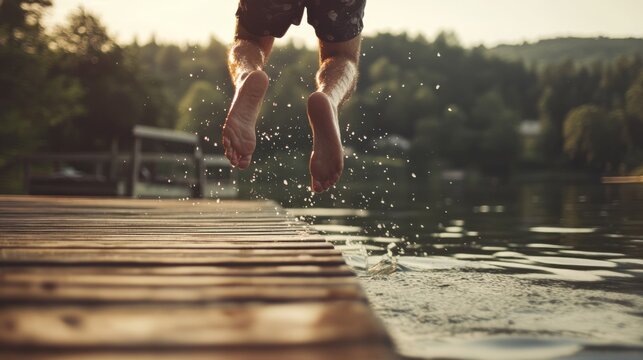 Someone joyfully leaps off a wooden dock into a shimmering lake, surrounded by lush greenery under a bright sky, capturing a moment of exhilaration and freedom.