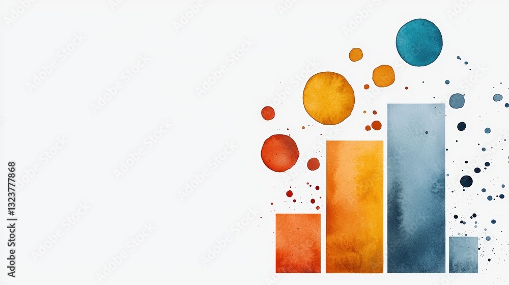 Poster a vibrant watercolor illustration of bar graphs and circles representing data growth and analytics i