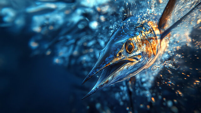 A dynamic shot of a marlin emerging from the depths, capturing its speed and grace amid a flurry of sparkling ocean spray.