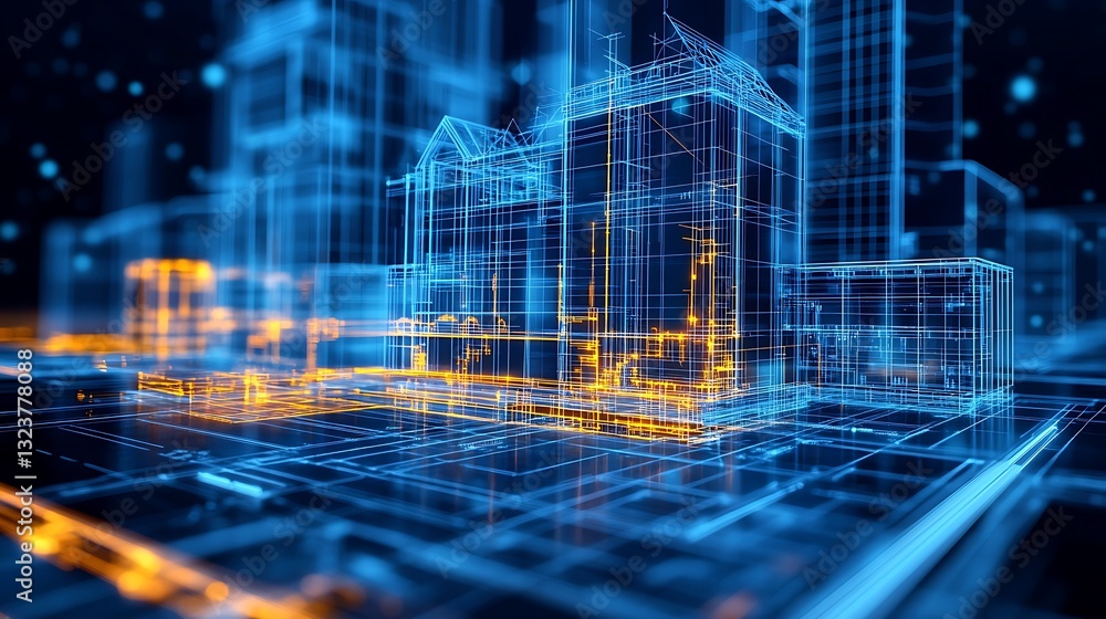 Poster architectural blueprint visualization: 3d wireframe of modern building design with blue and orange i