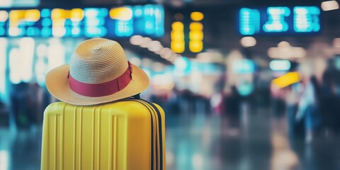 Travel Ready: A yellow suitcase with a sun hat atop, ready for journey adventure, captures the essence of travel, freedom, and the allure of exploration.