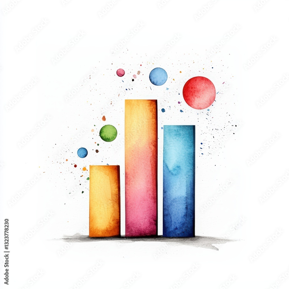 Poster a vibrant watercolor illustration of colorful bars representing data with splashes of color and floa