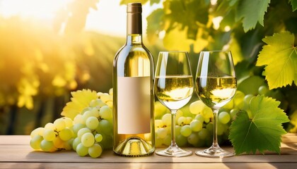 Fototapeta premium White Wine Bottle & Grapes. Elegant glasses, fresh green grapes, stylish vine leaves. Classic, bright, light.