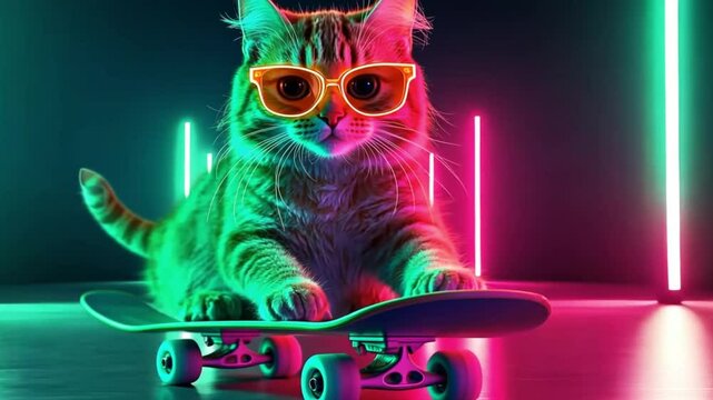 Ginger cat with sunglasses ride on skateboard under colorful neon lights