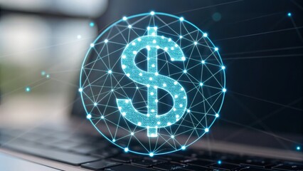 financial success freedom mindset concept. Digital dollar symbol with network connections on a laptop screen.