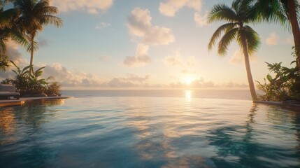 Sunset over ocean view from infinity pool.