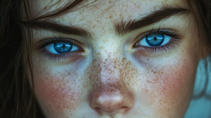 Fototapeta premium Intense blue eyes gazing forward, framed by freckles and soft skin, capture a haunting beauty and depth of expression in this close-up portrait.