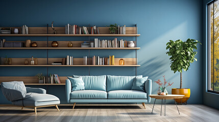 A stylish living room with a blue sofa, matching armchair, wooden bookshelves, and a large window bringing in natural light with a view of autumn trees.