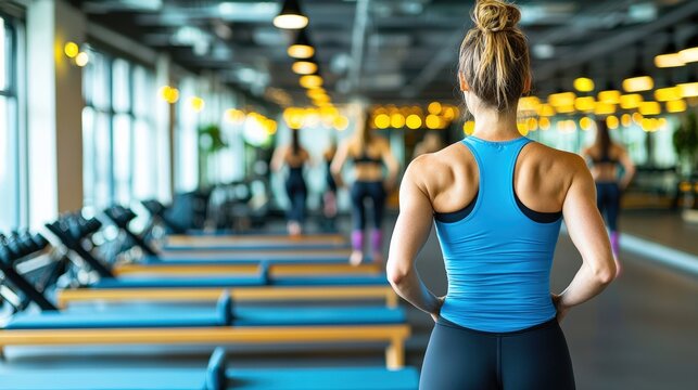 Pilates instructor leads a supportive class in a warm-lit studio, promoting wellness and graceful movement