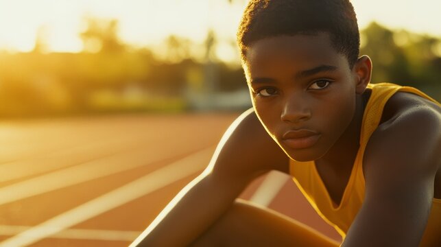 A young sprinter readies on the track under warm light, poised in determination, embodying youthful energy and athletic enthusiasm.