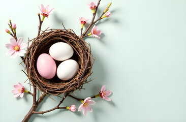 Easter greetings, top view of eggs in a bird's nest and pink flowers, empty space on the right, blurred background. Selective focus. Easter card, template, banner.
