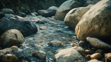 Large stones rest in a gently flowing brook, capturing the quiet essence of nature and reflecting peace and timeless beauty in a serene scene.