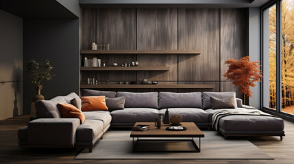 A modern living room with a gray sectional sofa, wooden panel walls, floating shelves, warm lighting, and a large window overlooking autumn trees.
