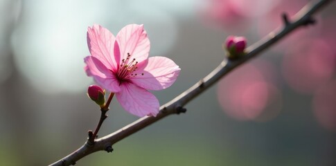 Single pink blossom on a bare stem in sunlight, sunlight,, spring