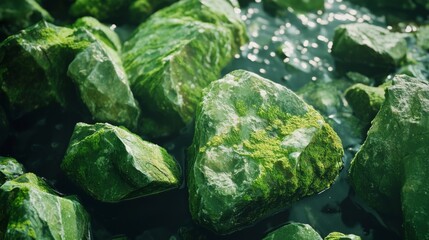 Rough, moss-covered rocks, touched by shimmering water, highlight nature's raw beauty in this close-up of a tranquil riverside.