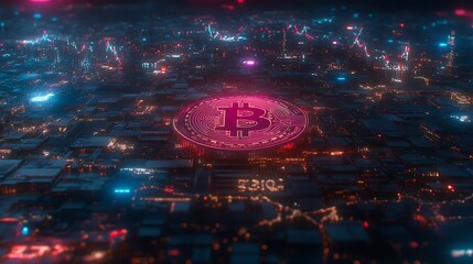 An Illuminated Bitcoin Representation On A Technology Based Landscape