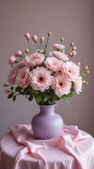 Fototapeta premium Elegant Still Life of Soft Pink Flowers in a Purple Vase on Draped Fabric, Capturing Tranquility and Delicate Beauty