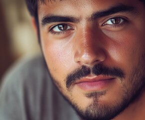 Obraz premium Intimate Gaze: A captivating portrait of a man with dark hair and a contemplative expression. His intense eyes draw the viewer in, creating a sense of connection and curiosity.