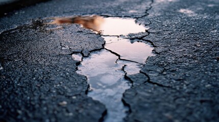 Cracked pavement reflects a warm sunset, illustrating nature’s interplay with urban landscapes through a puddle's shimmering surface.