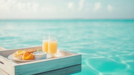 Obraz premium Refreshing Breakfast Tray with Juices, Pancakes, and Fruit by the Crystal Clear Water on a Sunny Day in a Tropical Paradise