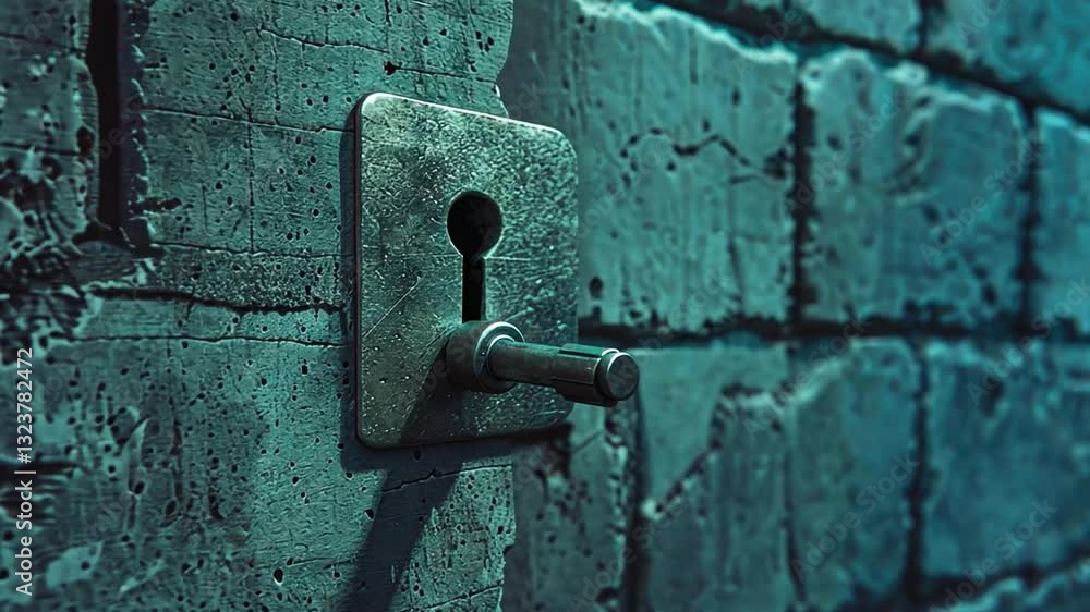 Poster close up of mysterious metallic keyhole embedded in textured stone wall, illuminated by teal light, 