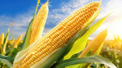 Ripe corn cobs in an agricultural field ready for harvest under a clear blue sky in late summer sunlight