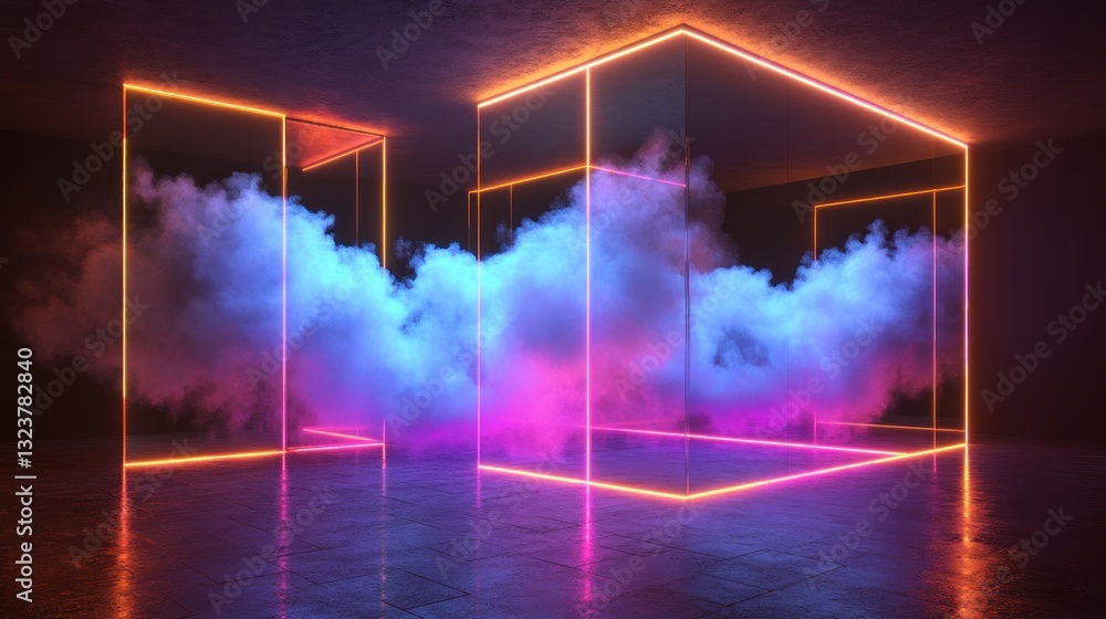 Poster Neon structures filled with illuminated haze in dark ambient room setting