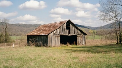Obraz premium A solitary, weathered barn rests amid expansive fields under a sky dotted with puffy clouds, epitomizing rural calm and timelessness.