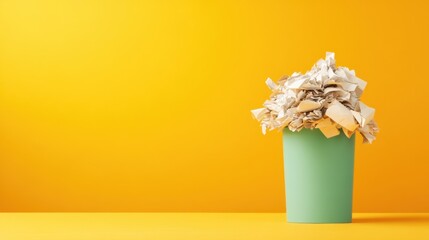 Overflowing paper waste in a pastel green trash can against a vibrant yellow background representing modern waste disposal and recycling themes