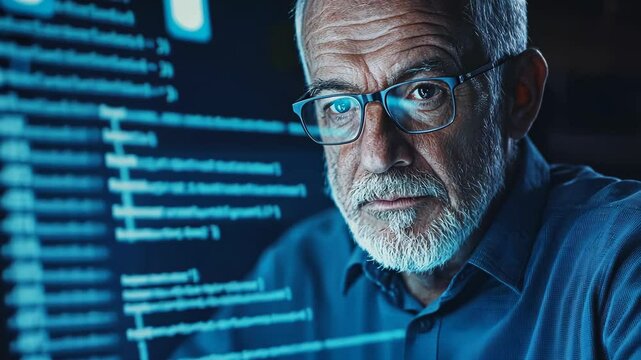 Experienced programmer analyzing digital data in a dimly lit workspace with code on screen