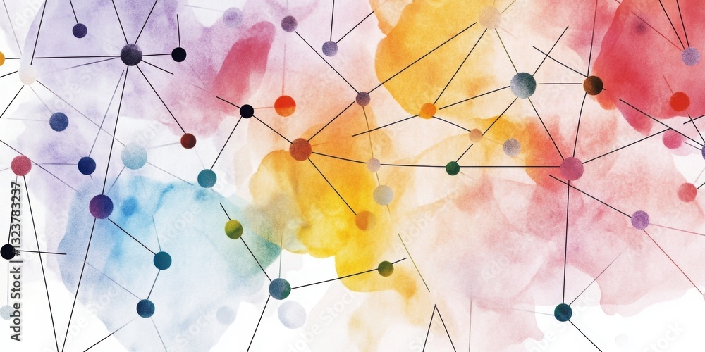 Aufkleber network of ideas: an abstract, colorful representation of interconnected ideas and networks, where c