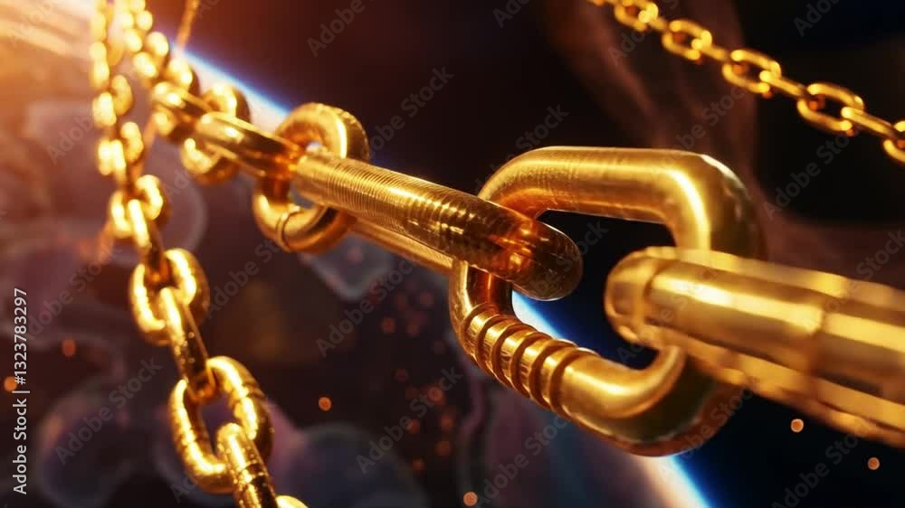 Poster close up of interconnected golden chains against cosmic background symbolizing strength, unity, and 